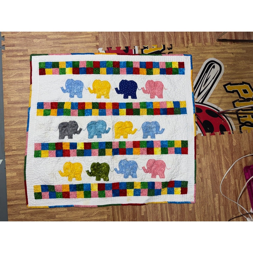Handmade Elephant Patchwork Baby Quilt Colorful Nursery‎ Blanket 41x38 2017